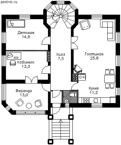 Проект традиционного дома с двумя комнатами на 1 этаже № I-279-1P - 1-й этаж