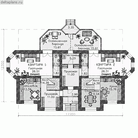 Проект современного дома на 2 семьи  № J-280-1K - 1-й этаж