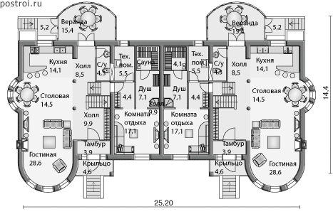 Типовой проект дом-особняк на две семьи № J-548-1P - 1-й этаж