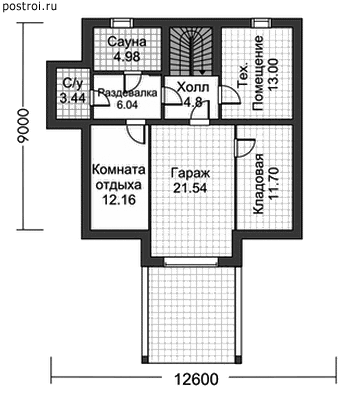 Проект трехэтажного дома 9 на 12,6 № K-295-1P - цоколь