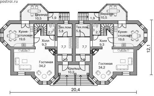 Двухэтажный дом-особняк № K-339-1P - 1-й этаж