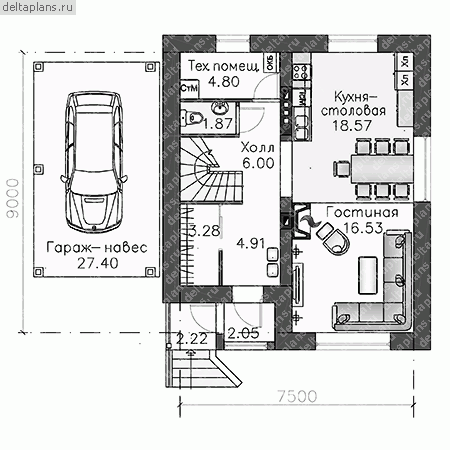 Проект небольшого загородного дома с гаражом № L-112-1P - 1-й этаж