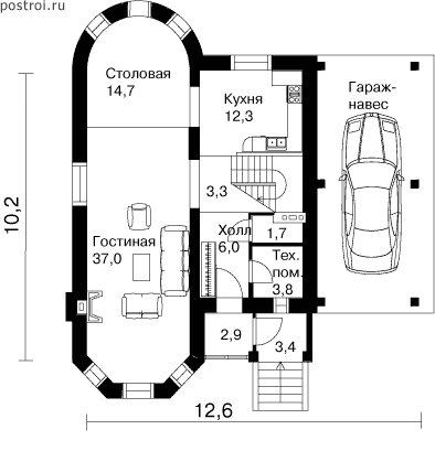 2 этажный мансардный дом № L-155-1K - 1-й этаж