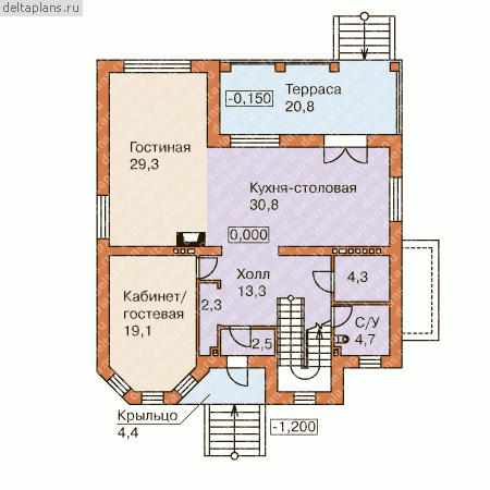 Загородный коттедж с цокольным этажом № L-334-1P - 1-й этаж