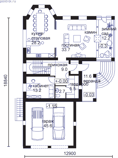 Проект цокольного кирпичного дома № M-348-1K - 1-й этаж