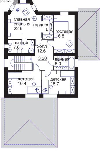 Проект цокольного кирпичного дома № M-348-1K - 2-й этаж