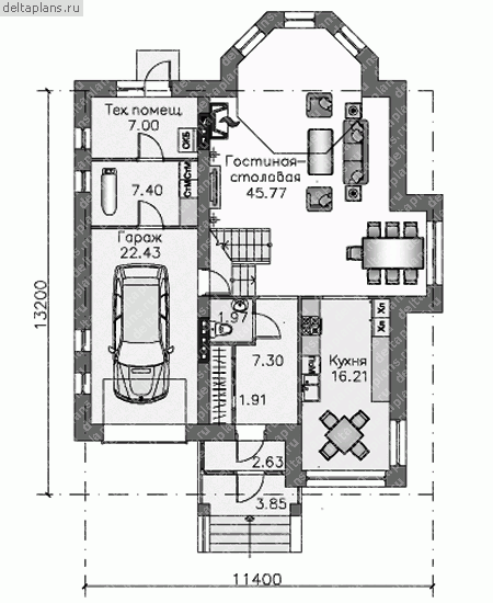 Проект кирпичного дома с гаражом на 1 а/м № N-218-1K - 1-й этаж