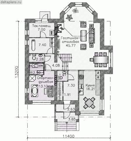 Кирпичный дом с сауной проект № N-218-2K - 1-й этаж