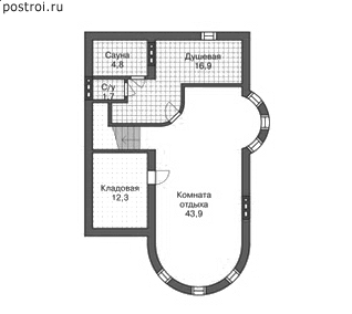 Дом с полукруглым эркером  12,3 на 11,7 № N-358-1P - цоколь