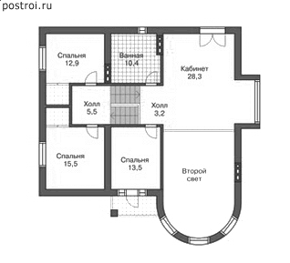 Дом с полукруглым эркером  12,3 на 11,7 № N-358-1P - 2-й этаж