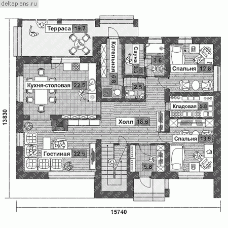 Проект дома с двумя спальнями на первом этаже № O-204-1P - 1-й этаж