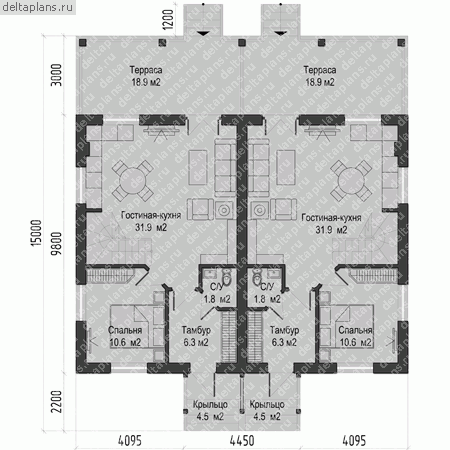 Проект кирпичного дома на две семьи № O-250-1K - 1-й этаж