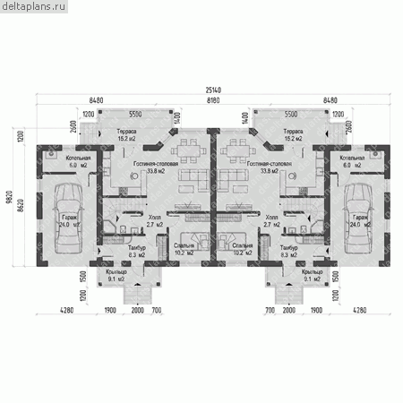 Проект кирпичного дома на две семьи № O-340-1K - 1-й этаж