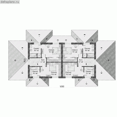 Проект кирпичного дома на две семьи № O-340-1K - 2-й этаж