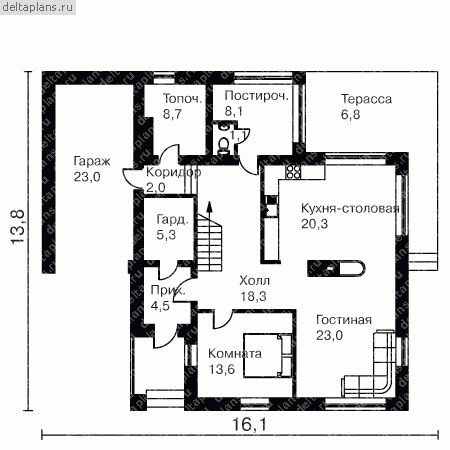 Частный загородный дом коттедж № O-354-1K - 1-й этаж