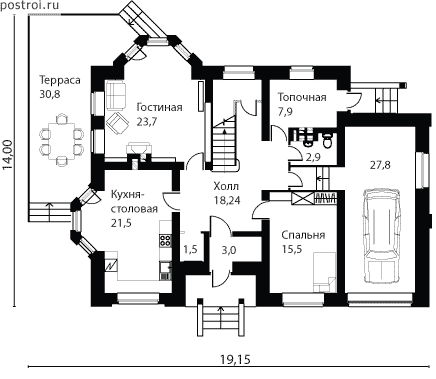 Проект двухэтажного дома с чердаком № O-358-1K - 1-й этаж