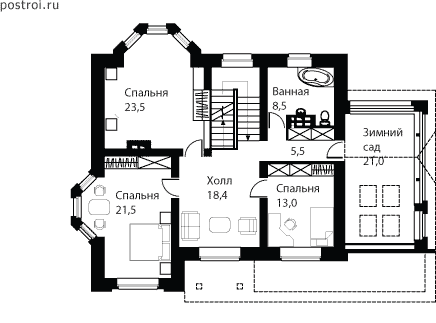 Проект двухэтажного дома с чердаком № O-358-1K - 2-й этаж