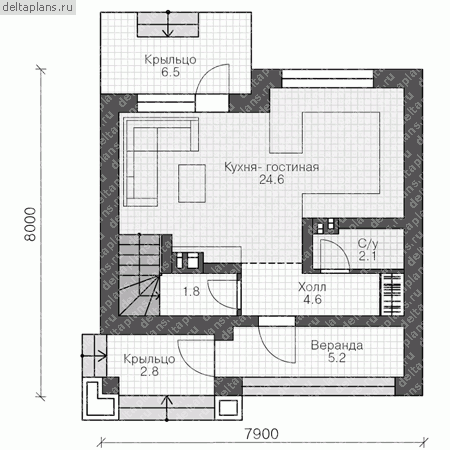 Проект пенобетонного дома № R-074-1P - 1-й этаж