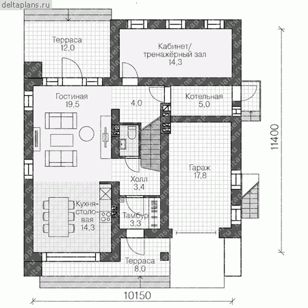 Проект пенобетонного дома № R-128-1P - 1-й этаж