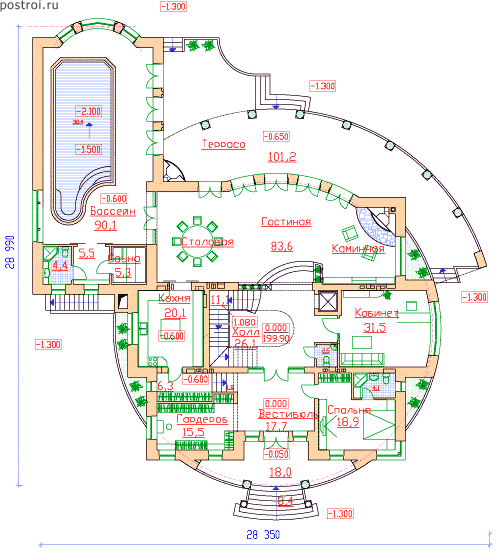 Проект круглого кирпичного дома № S-1143-1K - 1-й этаж