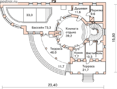 Типовой проект бани с бассейном № S-286-1K - 1-й этаж