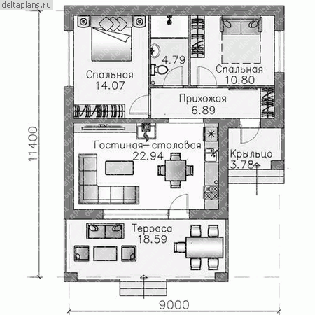 Проект пенобетонного дома № T-070-1P - 1-й этаж