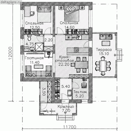 Проект пенобетонного дома № T-086-1P - 1-й этаж