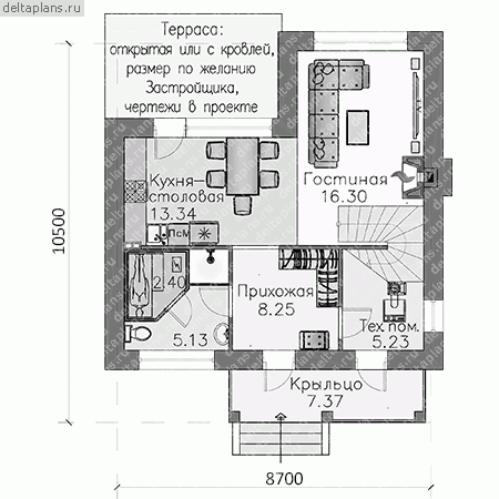 Чертежи загородного коттеджа с террасой № T-106-1P - 1-й этаж (вариант 2)