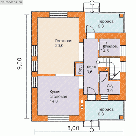 Проект небольшого загородного дома № T-114-1K [34-95, 7-406] - 1-й этаж
