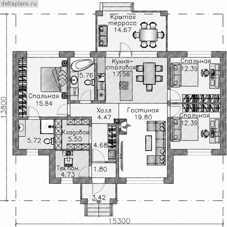 Проект пенобетонного дома № T-120-1P - 1-й этаж