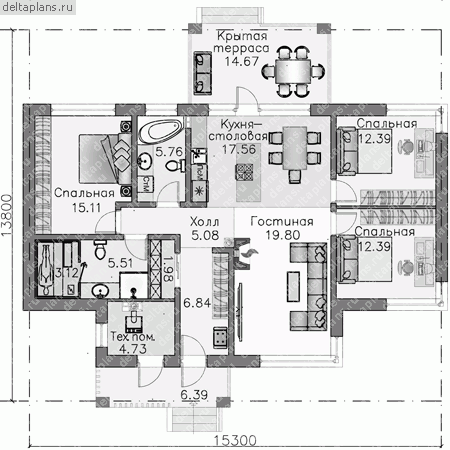Проект пенобетонного дома № T-120-2P - 1-й этаж (вариант 2)