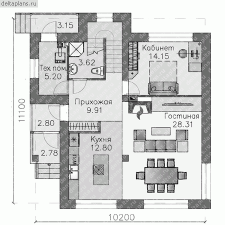 Проект пенобетонного дома № T-172-1P - 1-й этаж