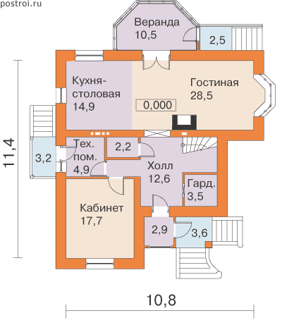 Проект мансардного дома 11 на 11 № T-183-1P - 1-й этаж