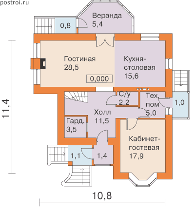 Проект двухэтажного дома 11 на 11 № T-183-2P - 1-й этаж