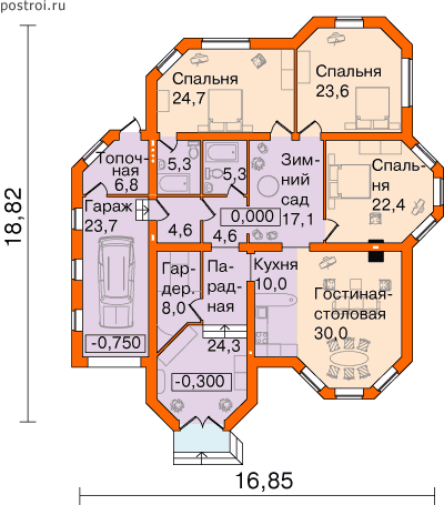 Проект дома 19 на 17 № T-210-1K - 1-й этаж