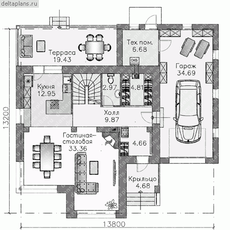 Проект пенобетонного дома № T-221-1P - 1-й этаж