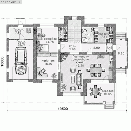 Чертежи дома с гаражом, проект № T-276-2P - 1-й этаж