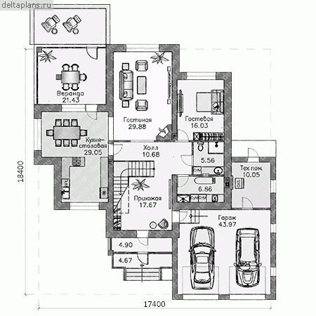 Проект пенобетонного дома № T-309-1P - 1-й этаж