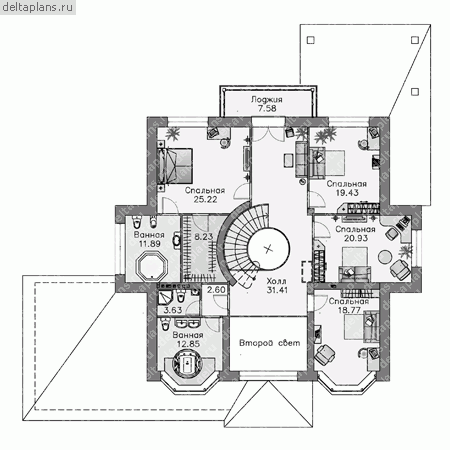 Проект кирпичного дома № T-414-1K - 2-й этаж