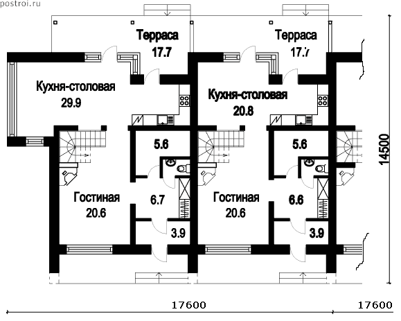 Проект квадрохауса № T-563-1P - 1-й этаж