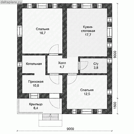Проект одноэтажного дома с двумя спальнями  № U-066-1P - 1-й этаж