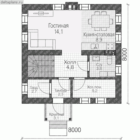 Проект пенобетонного дома № U-085-1P - 1-й этаж