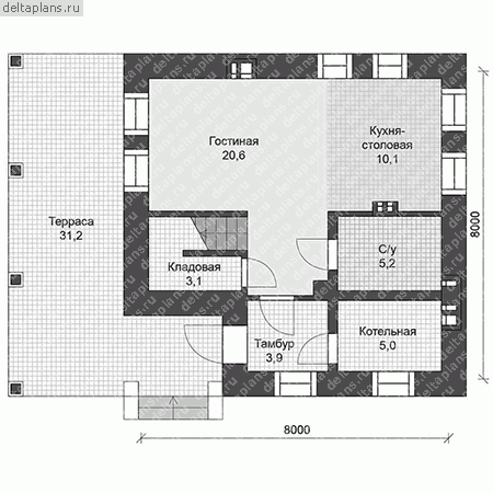 Двухэтажный дом из кирпича 8 на 8 № U-093-1K - 1-й этаж