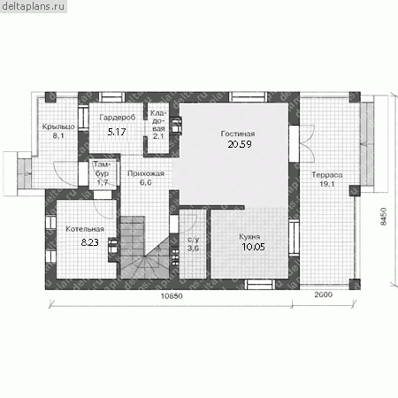 Проект небольшого дома с тремя спальнями № U-117-1P - 1-й этаж