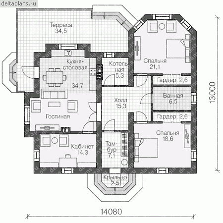 Проект пенобетонного дома № U-127-1P - 1-й этаж