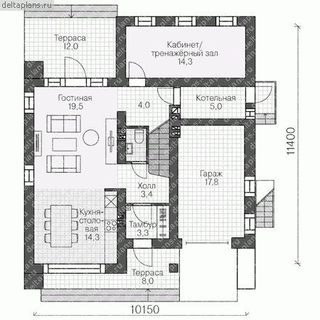 Проект пенобетонного дома № U-128-1P - 1-й этаж