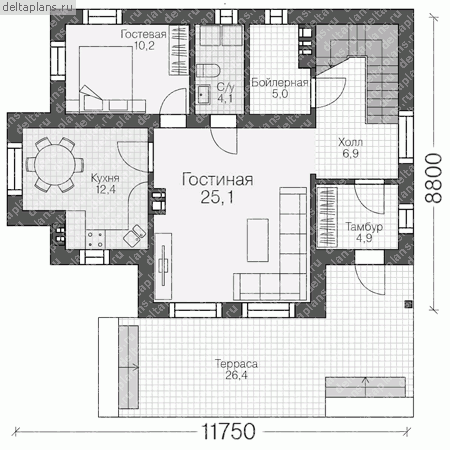 Проект пенобетонного дома № U-133-1P - 1-й этаж
