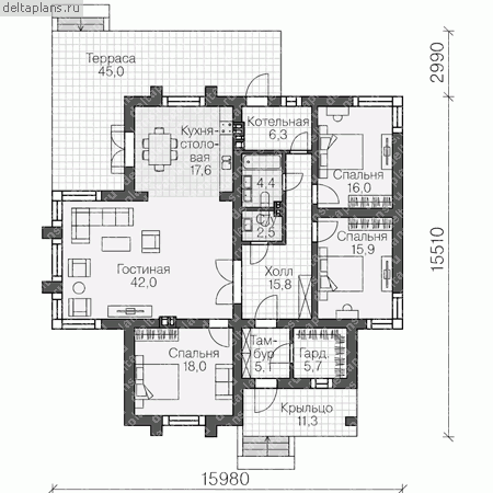 Проект пенобетонного дома № U-149-1P - 1-й этаж