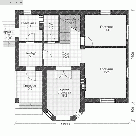 Дом с четырехскатной кровлей № U-156-1P - 1-й этаж