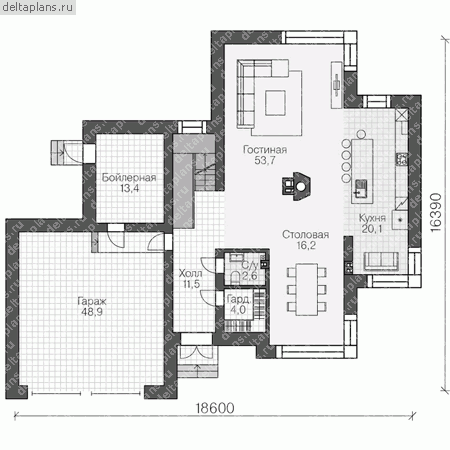 Проект пенобетонного дома № U-265-1P - 1-й этаж